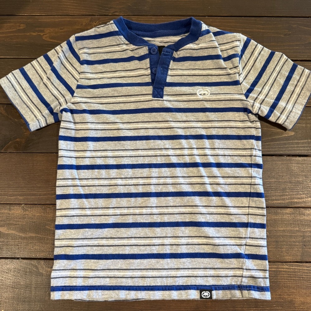Ecko Unltd Boys Blue Grey Striped Henley Short Sleeve Shirt Size 7 Cotton Logo‎